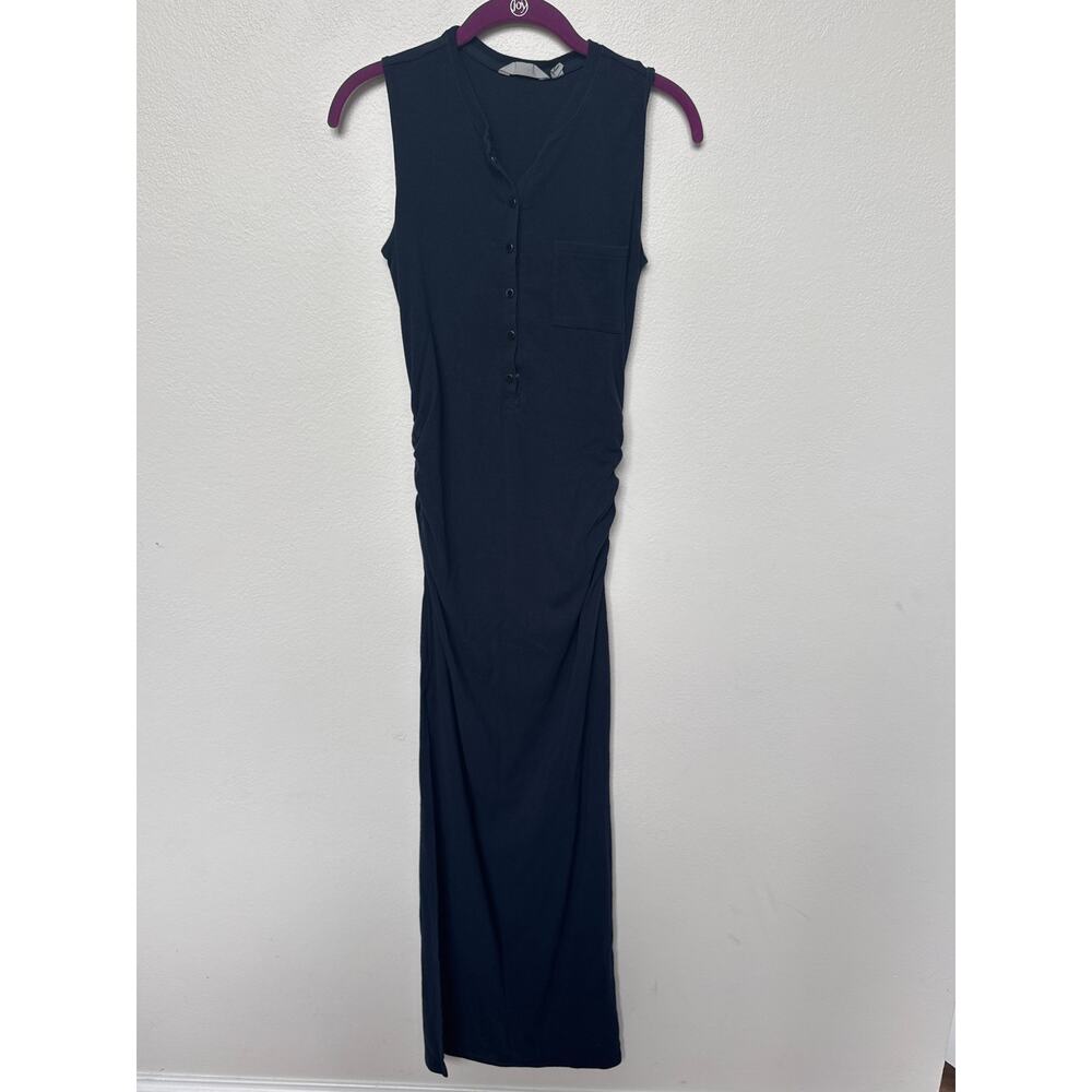 Athleta Henley Ruched Ribbed Side Tank Maxi Dress Black Womens Size XSP